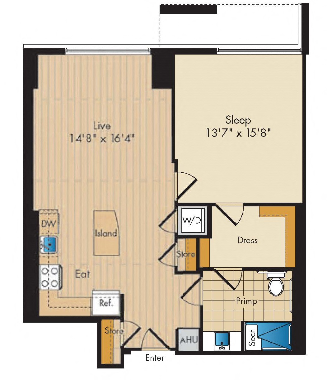 Floor plan for 1 bed, 1 bath, 930 sqft